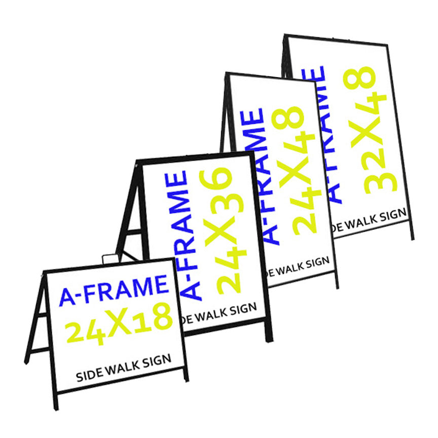 Metal A-frame sidewalk sign with black finish, portable display stand for outdoor advertising from Artsoft Expo Solutions Inc.
