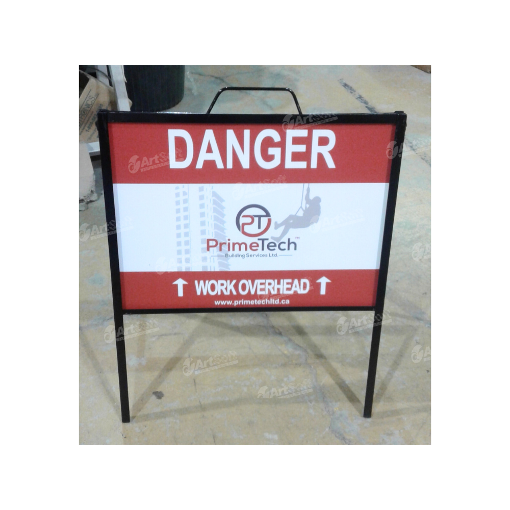 Metal A-frame sidewalk sign for construction sites by Artsoft Expo Solutions Inc., showcasing a sturdy, portable construction alert sign.