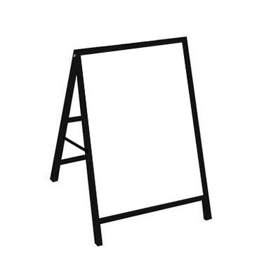 Metal A-frame sidewalk sign by Artsoft Expo Solutions Inc., showing a sturdy black frame with a blank sign area for advertising.