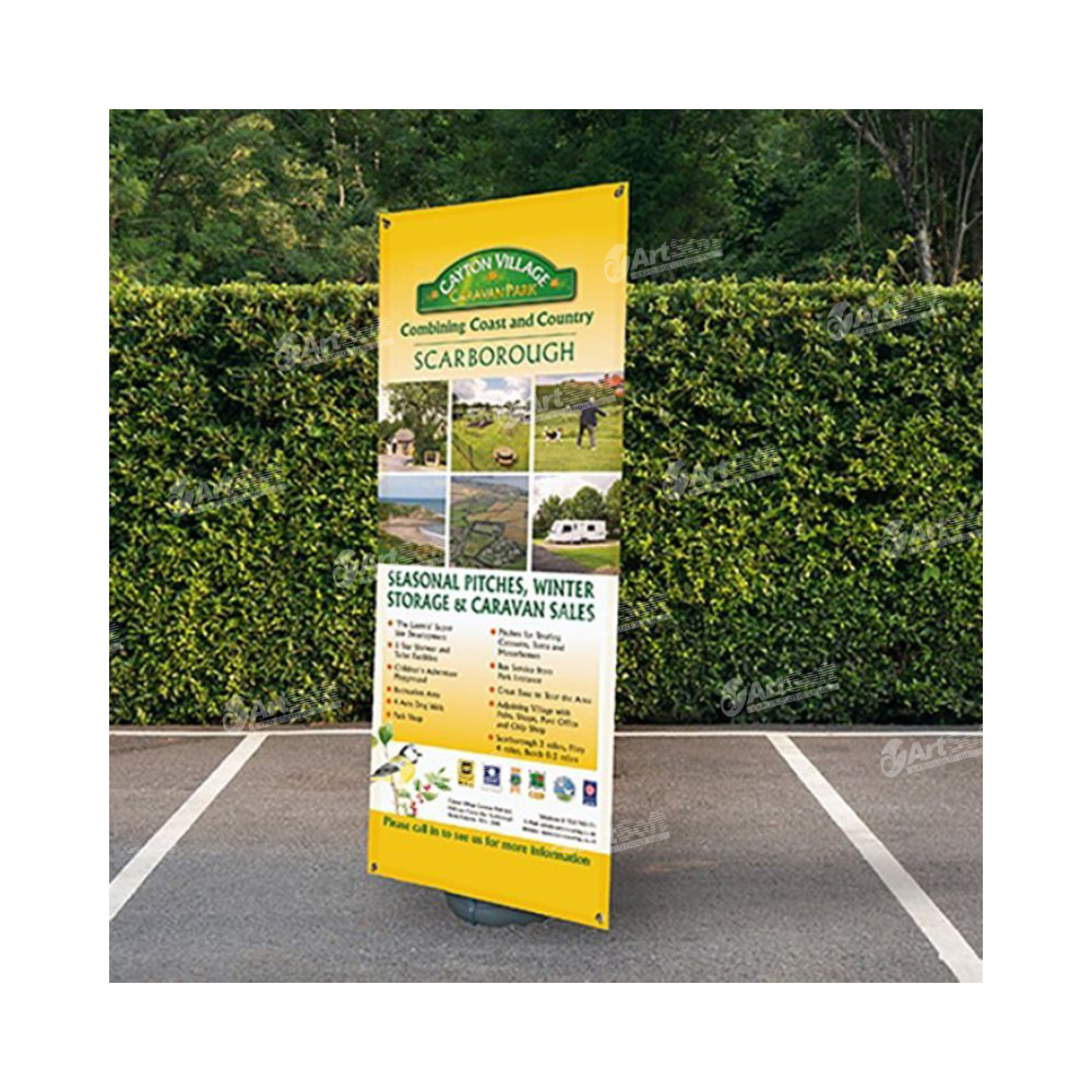Outdoor banner stand by Artsoft Expo Solutions Inc. featuring a vibrant Blizzard-themed display on a sturdy stand for events or advertising.