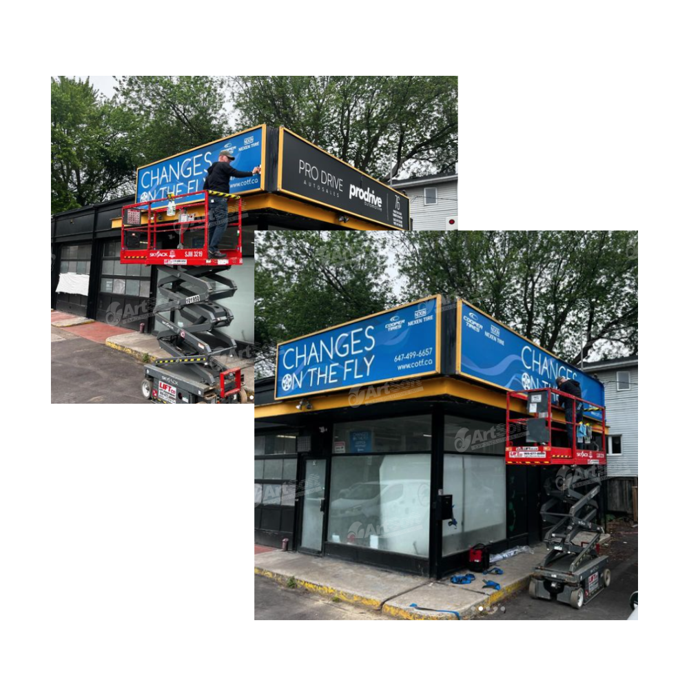 Artsoft Expo Solutions storefront signage re-surface vinyl graphic showing a modern retail sign update with vibrant colors and clean design.