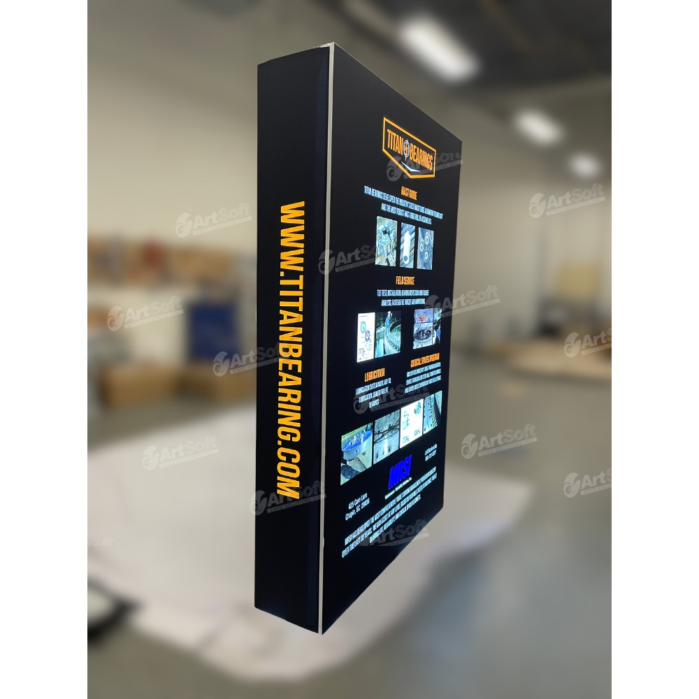 Backlit 5ft SEG popup display by Artsoft Expo Solutions Inc., featuring illuminated fabric graphic with sleek frame and professional presentation.