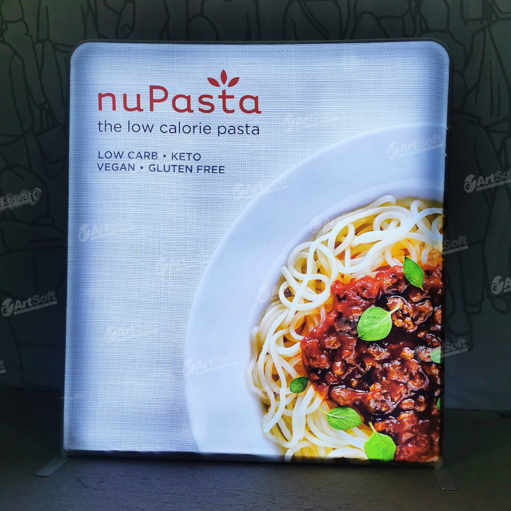 WaveLight® LED backlit display panel by Artsoft Expo Solutions Inc., showing a vibrant illuminated graphic with a sleek 7.5-foot design.