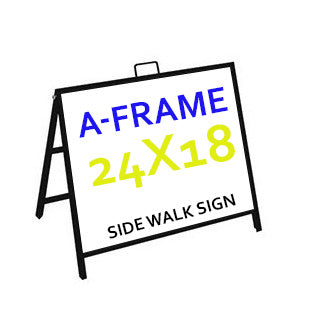 Metal A-frame sidewalk sign by Artsoft Expo Solutions Inc., displaying a double-sided sign board for outdoor advertising.
