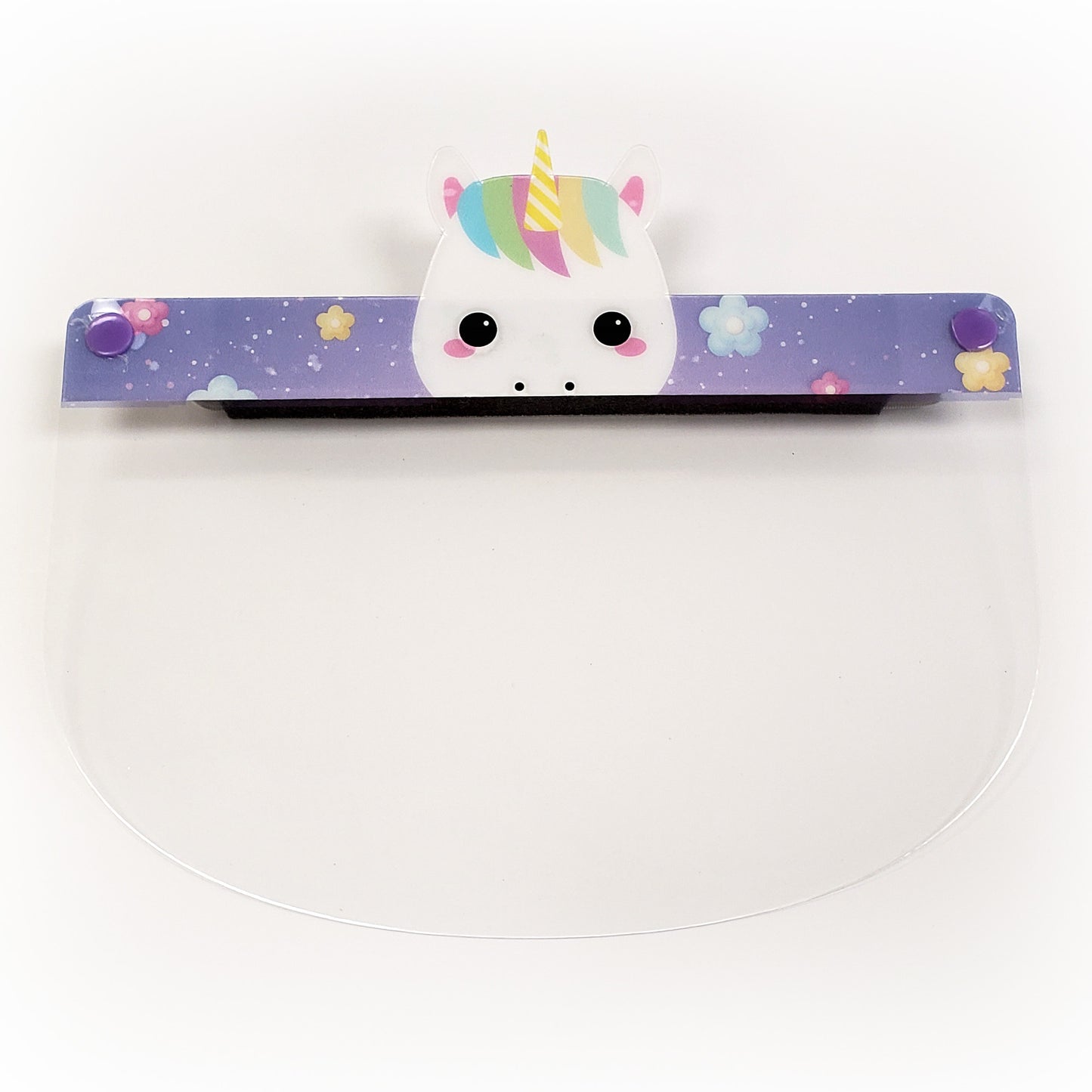 Kids face shield featuring colorful unicorn design from Artsoft Expo Solutions Inc., part of the Animal Collection, made in Canada.