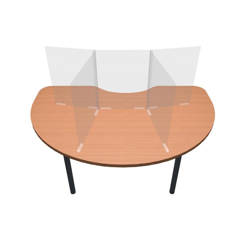Artsoft Expo half-circle kidney table sneeze guard divider, clear protective screen for safety and social distancing.