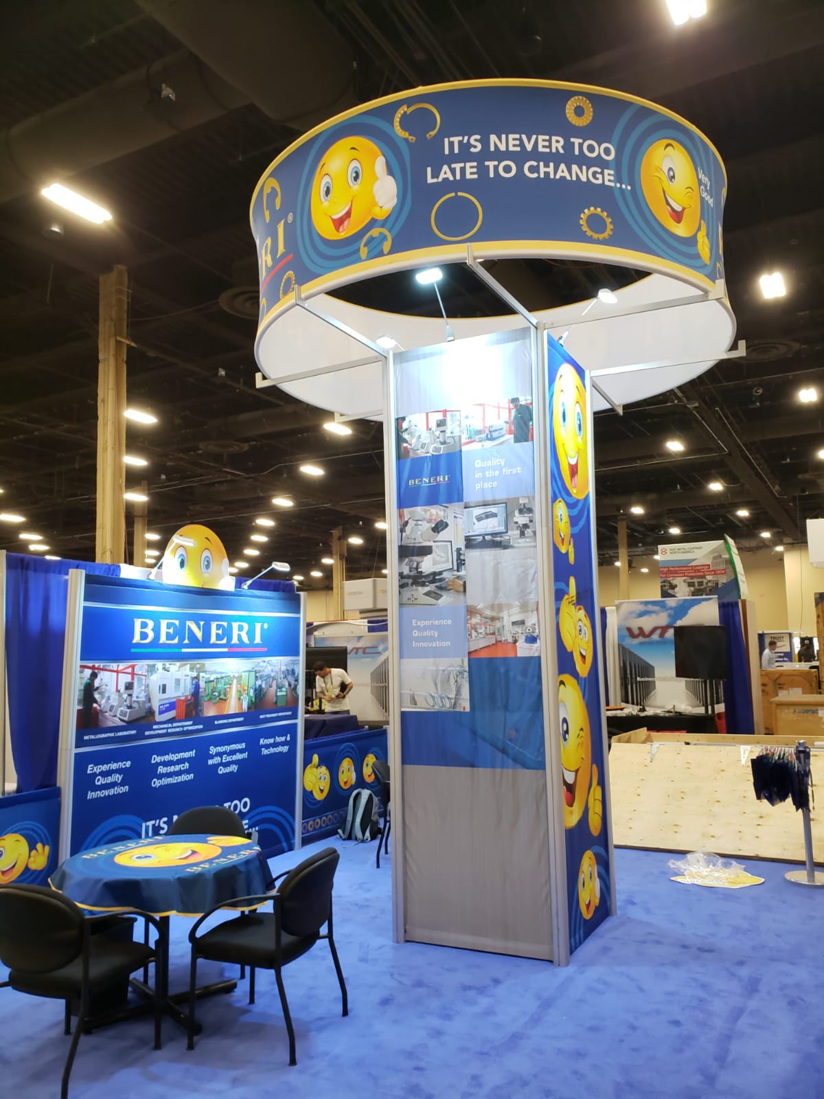 Round hanging sign by Artsoft Expo Solutions Inc. featuring a sleek design, perfect for event or retail signage display.