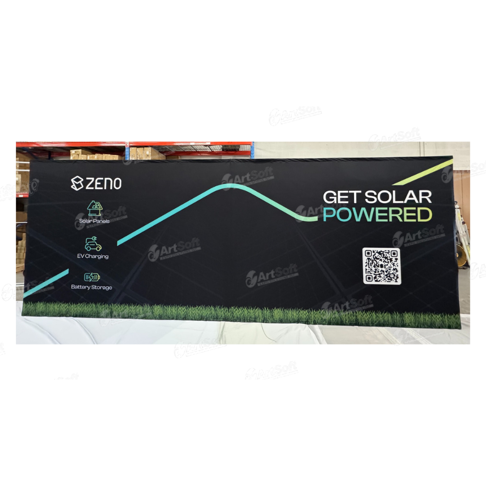 A wide 20ft custom printed tension fabric pop-up display used as a seamless trade show backdrop for an Artsoft client.