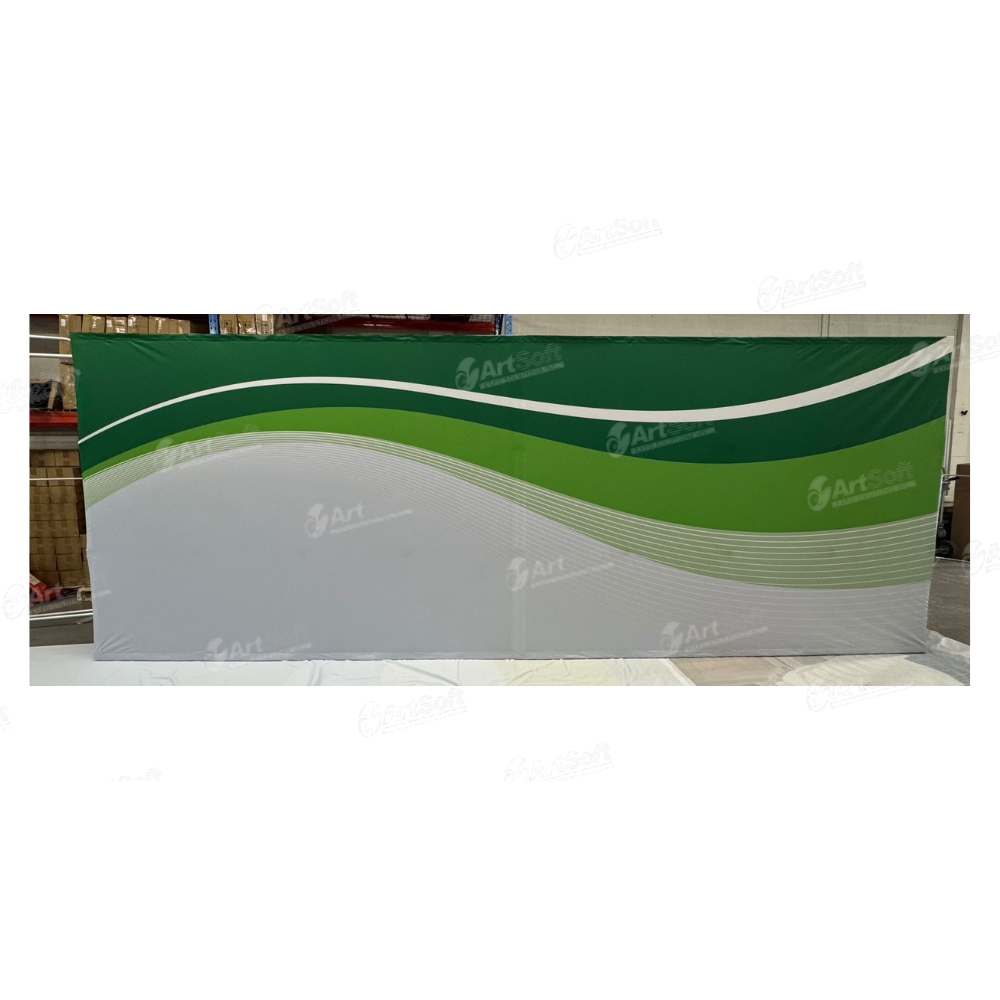 An Artsoft client's massive 20-foot fabric pop-up booth fully set up and illuminated on an exhibition show floor.