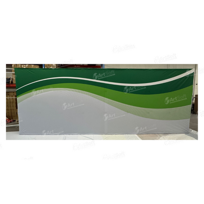 An Artsoft client's massive 20-foot fabric pop-up booth fully set up and illuminated on an exhibition show floor.