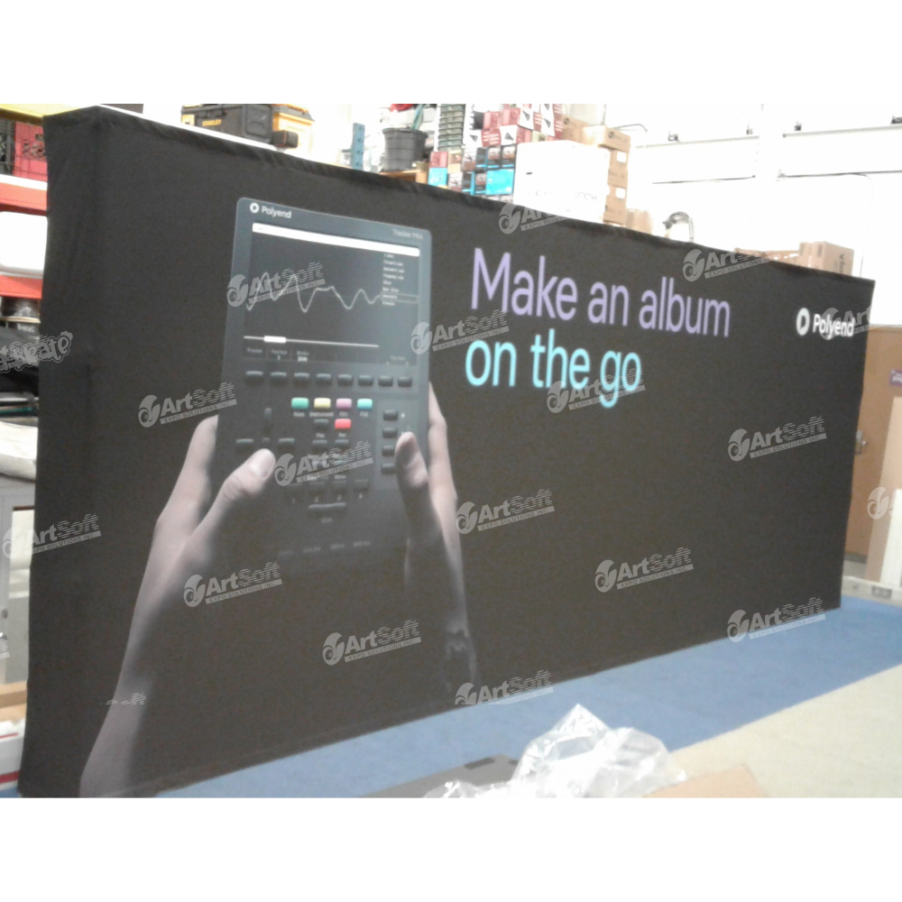 Large 20ft custom fabric media wall and collapsible pop-up display printed by Artsoft for a corporate branding event.
