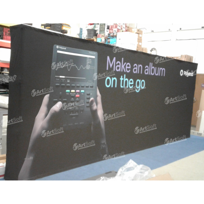 Large 20ft custom fabric media wall and collapsible pop-up display printed by Artsoft for a corporate branding event.