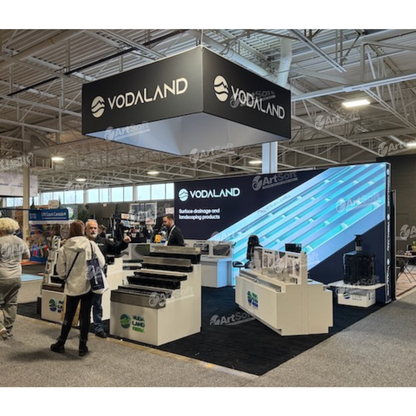 20ft x 20ft booth - Brilliant LED backlit exhibition backwall custom manufactured for an Artsoft client.