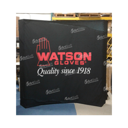 Black banner with Watson Gloves logo and text in a warehouse setting