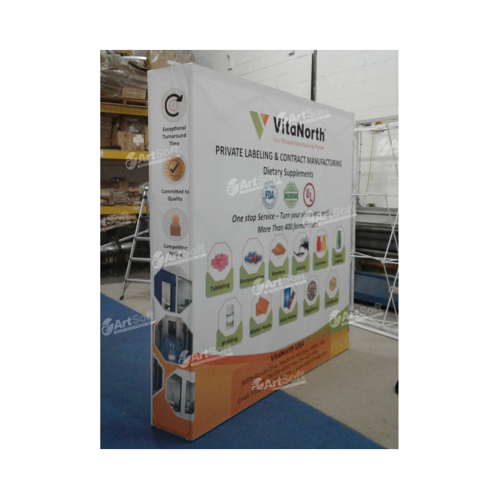 Promotional display for VitaNorth with product images and branding on a stand.