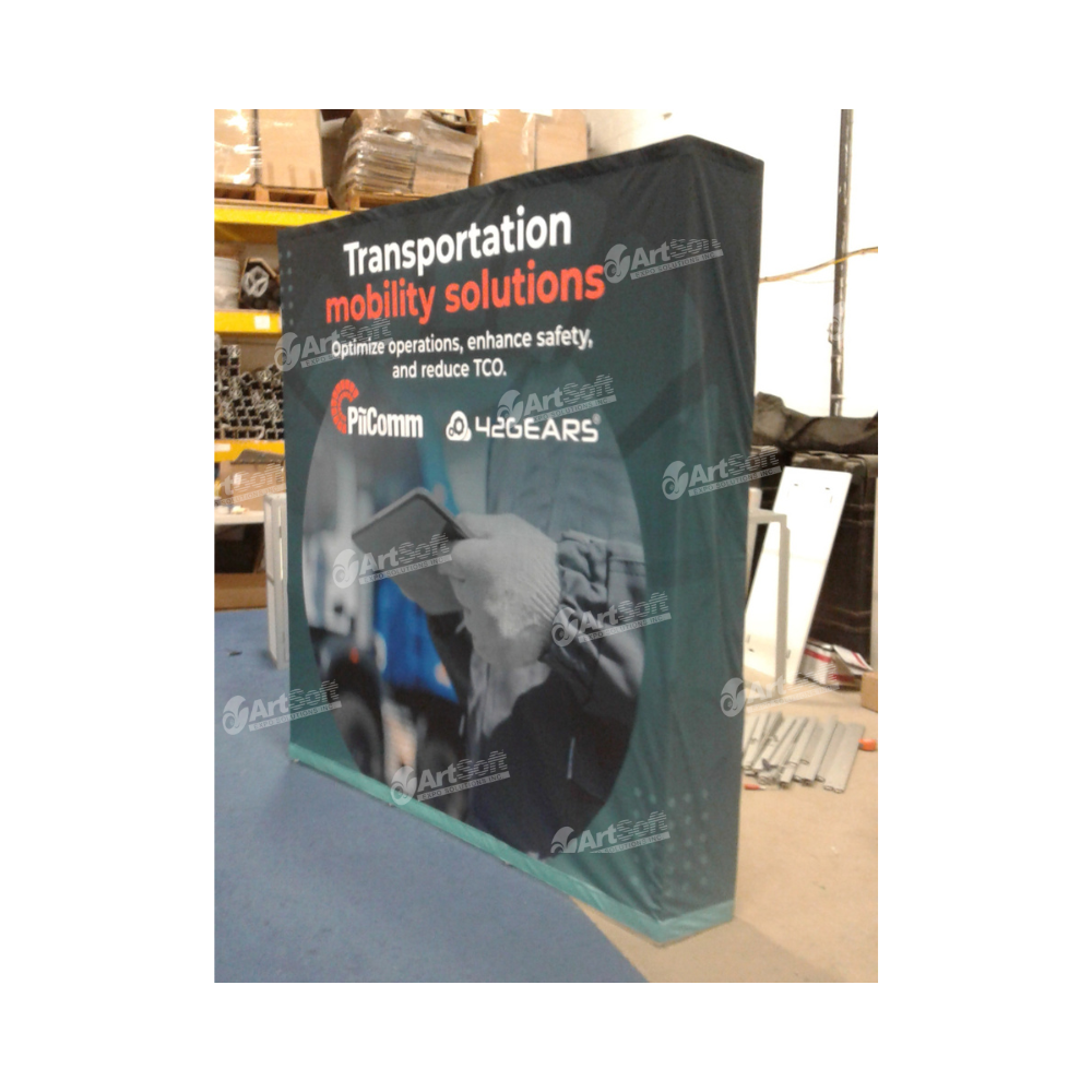 Promotional banner for transportation mobility solutions with brand logos in a warehouse setting.