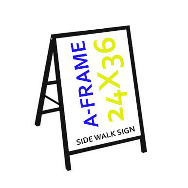 Metal A-frame sidewalk sign by Artsoft Expo Solutions Inc. with a 24x36 inch display area for outdoor advertising.