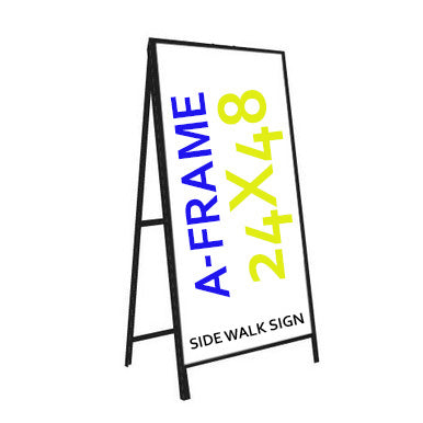 Metal A-frame sidewalk sign by Artsoft Expo Solutions Inc. with a blank display area for custom signage, 24x48 inches.