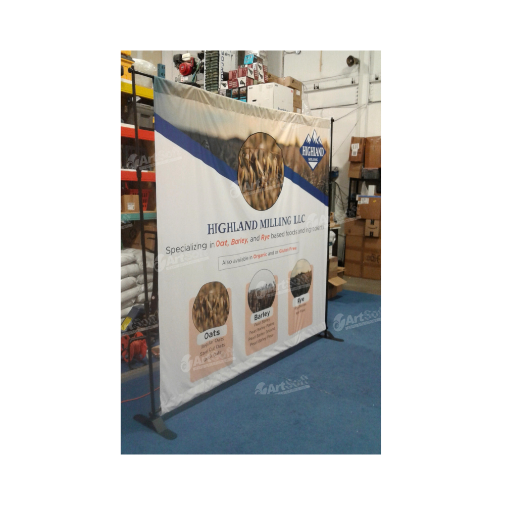 Large banner frame by Artsoft Expo Solutions Inc. displayed with a mounted banner for trade shows or exhibitions.