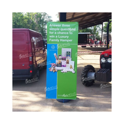 Blizzard outdoor banner stand by Artsoft Expo Solutions Inc. displayed outdoors with vibrant graphics and sturdy frame.