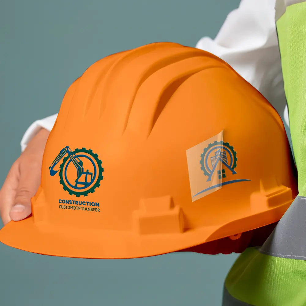 An orange construction hard hat held by a person wearing a white shirt and a high-visibility safety vest. The hard hat features a dark teal logo with an excavator and the words 'CONSTRUCTION CUSTOMTRANSFERS' on the side, along with a transparent protective sticker applied to the opposite side.