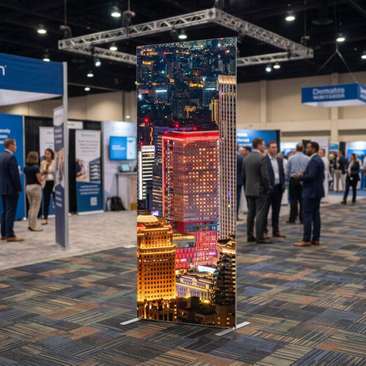 Artsoft Expo Solutions Inc. Econ fabric stand, 3ft by 7.5ft, with a lightweight fabric display and sturdy frame for trade shows.