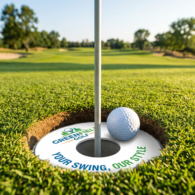 Golf cup advertising ring by Artsoft Expo Solutions Inc. showing a close-up of a branded promotional golf cup with the advertising ring.