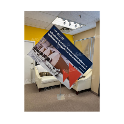 Hanging X-Stand by Artsoft Expo Solutions Inc. featuring a sturdy metal structure with hooks for display or signage.