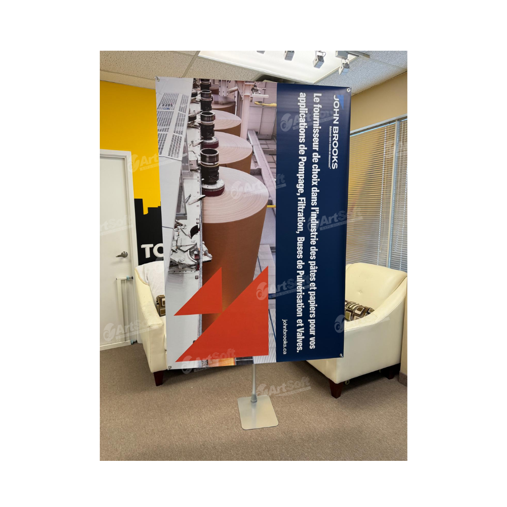 Hanging X-stand display by Artsoft Expo Solutions Inc. showcasing a sturdy metal frame with hooks for hanging signage and banners.
