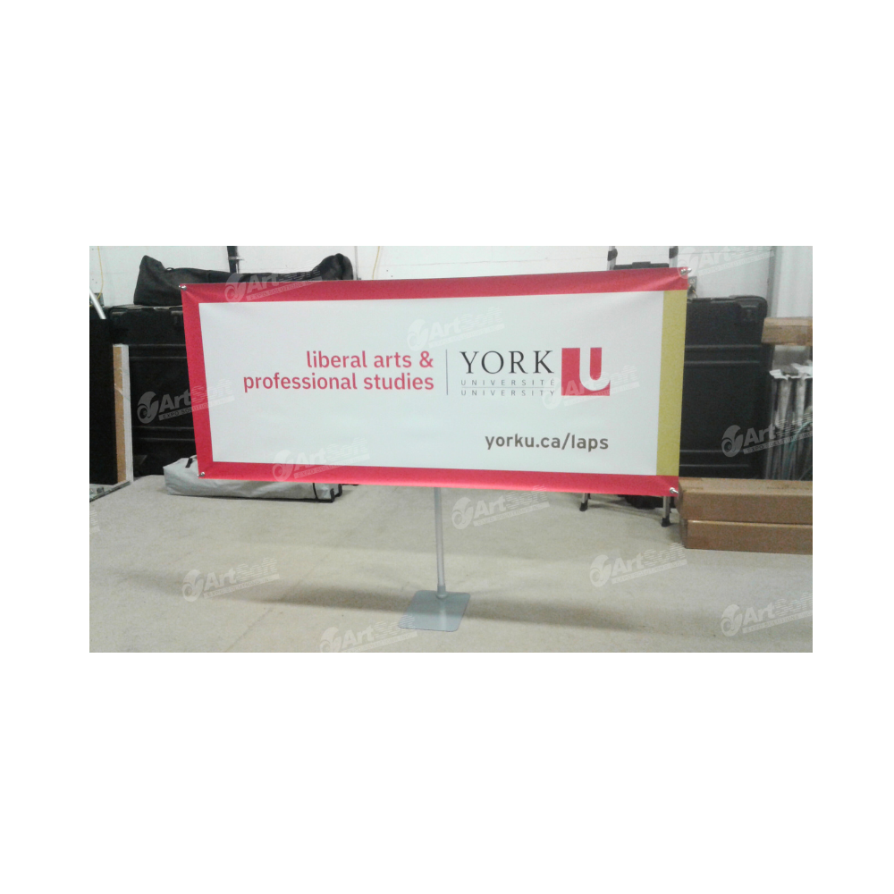 Hanging X-stand display by Artsoft Expo Solutions Inc. with sturdy frame and hooks for easy exhibition setup