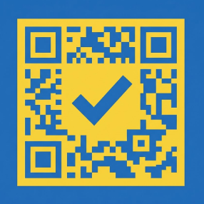 A square yellow QR code with a blue checkmark in the center, set against a solid blue background.