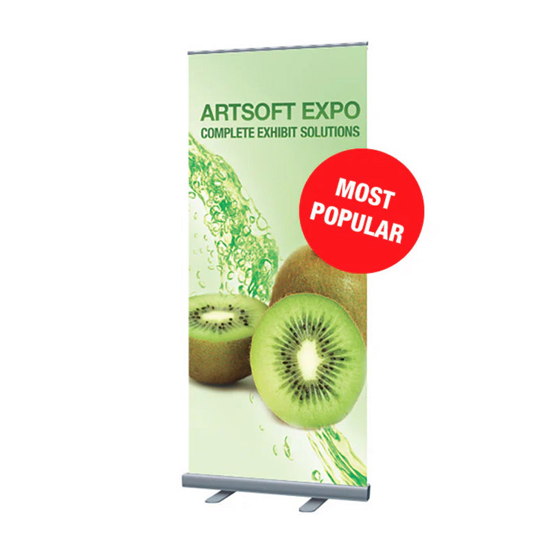 RB33 banner stand by Artsoft Expo Solutions Inc. featuring a sleek, portable display with graphic panel and sturdy frame.
