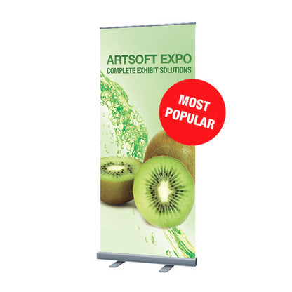 RB33 banner stand by Artsoft Expo Solutions Inc. featuring a sleek, portable display with graphic panel and sturdy frame.
