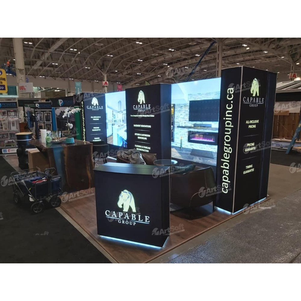 The freestanding connected aluminum popup frame structures and channel bars for the 20ft backlit SEG display before the fabric is installed.