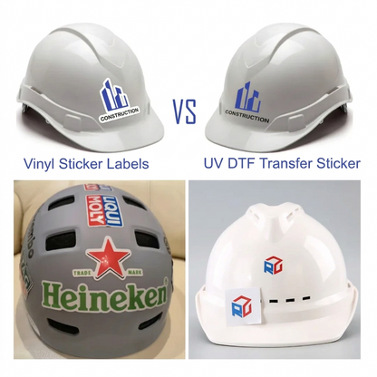 A 2x2 comparison graphic showing white hard hats with vinyl sticker labels versus UV DTF transfer stickers. The top row shows two white hard hats with blue and white logo stickers, labeled 'Vinyl Sticker Labels' and 'UV DTF Transfer Sticker'.