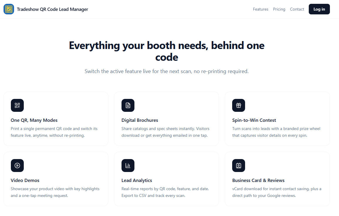 A screenshot of the TradeShow QR Code Lead Manager website homepage, featuring a clean white layout with black text and six feature tiles highlighting functionalities like one QR, many modes, digital brochures, video demos, lead analytics, and business card reviews.