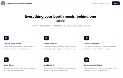 A screenshot of the TradeShow QR Code Lead Manager website homepage, featuring a clean white layout with black text and six feature tiles highlighting functionalities like one QR, many modes, digital brochures, video demos, lead analytics, and business card reviews.