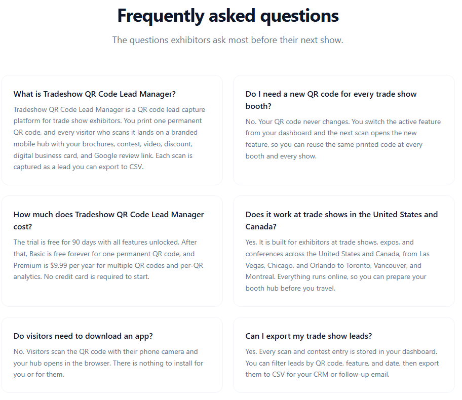 A white informational graphic titled 'Frequently asked questions' with six black text panels arranged in a grid, explaining trade show QR code lead management and related topics.