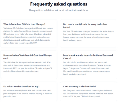 A white informational graphic titled 'Frequently asked questions' with six black text panels arranged in a grid, explaining trade show QR code lead management and related topics.