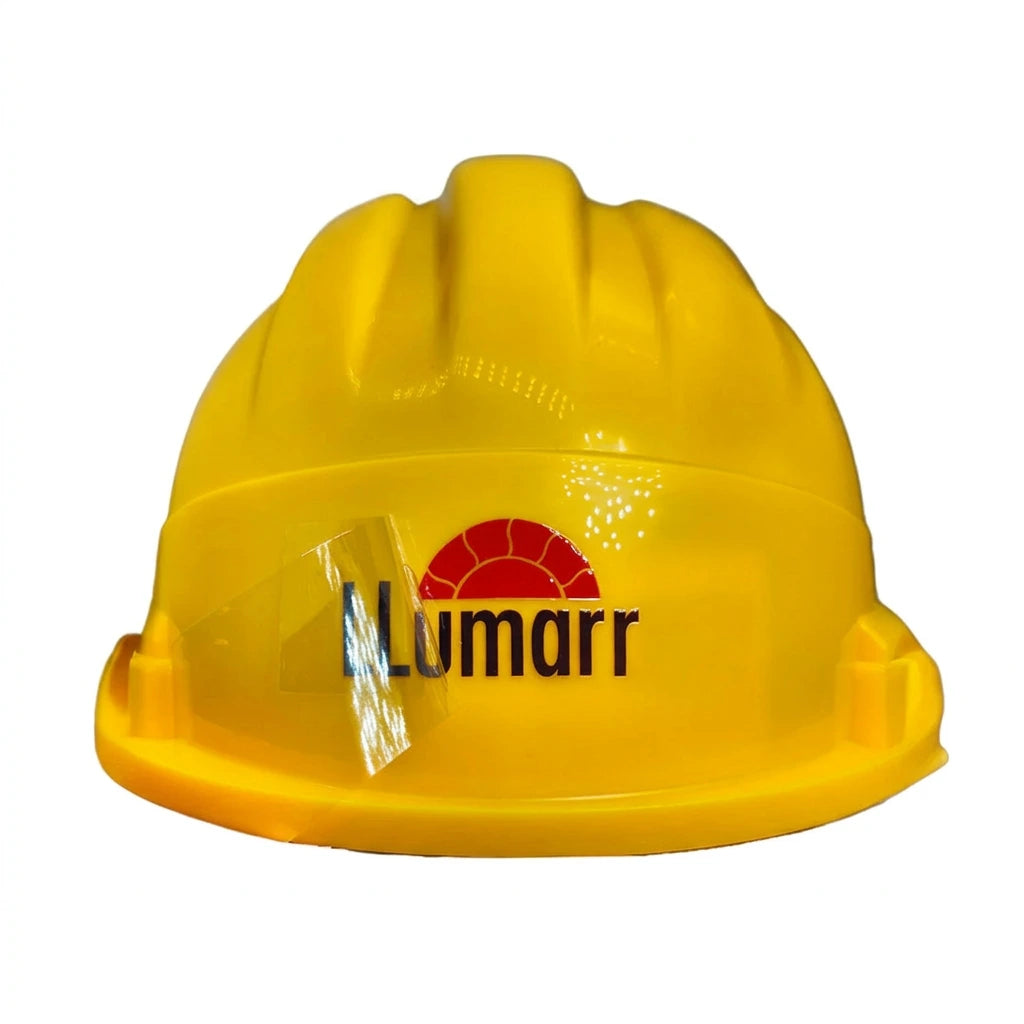 A bright yellow hard hat with a clear visor and a printed Lumarr logo in black and red on the front, isolated on a white background.