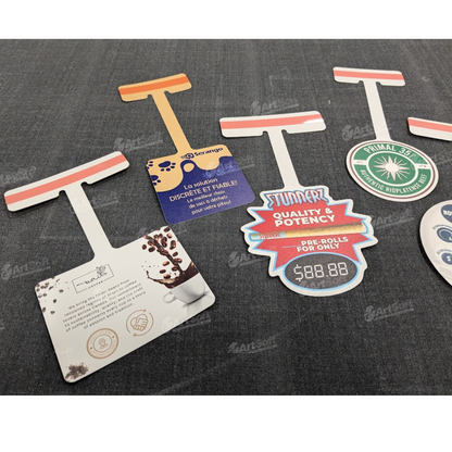 Precision die-cut custom shape shelf dangler used for in-store point of purchase marketing.