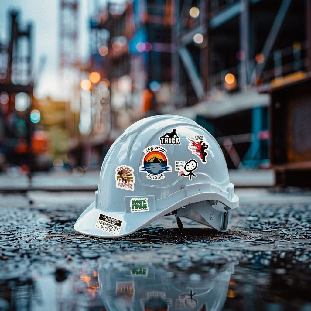 A light gray hard hat helmet resting on wet pavement, decorated with various colorful stickers including a 'Tuck' sticker and a 'Back to the Past' logo.