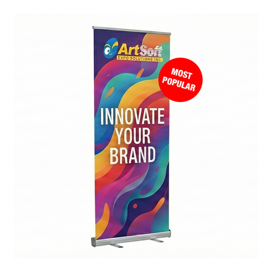 Front view of the 33x80 inch RB33 retractable banner stand with custom printed graphics.
