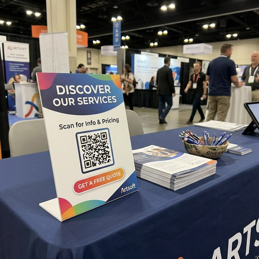 Heat bent styrene table tent sign by Artsoft Expo Solutions Inc. featuring a sleek, low-profile design for display.