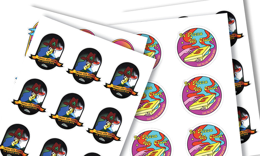 Custom labels from Artsoft Expo Solutions Inc. featuring various shapes and vibrant colors on a white background.
