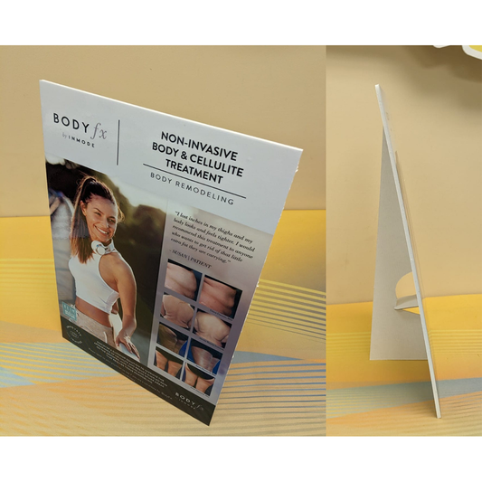 Table top product sign by Artsoft Expo Solutions Inc. featuring a clear display area for product information.