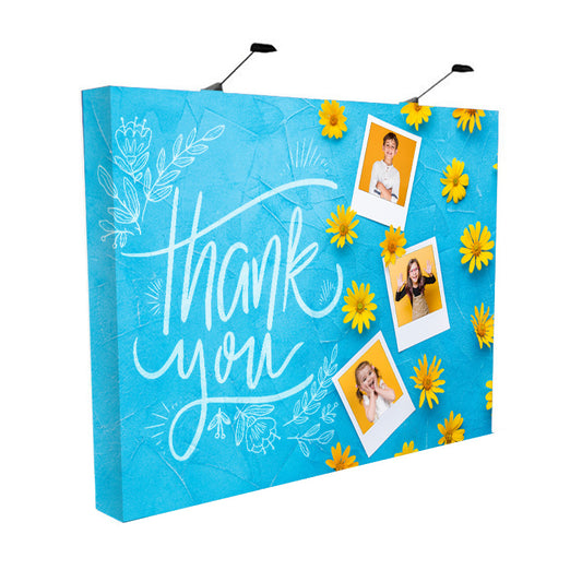 Front view of the 10ft straight fabric pop up display featuring a seamless custom printed tension fabric backdrop.