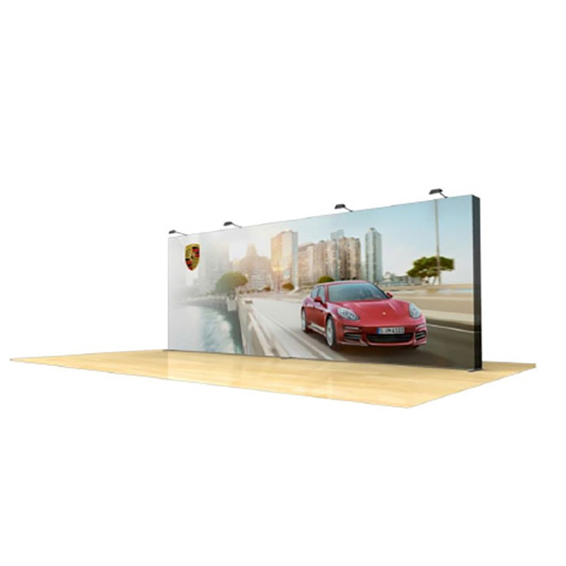 A 20ft straight fabric popup display featuring a car on a road with buildings in the background.