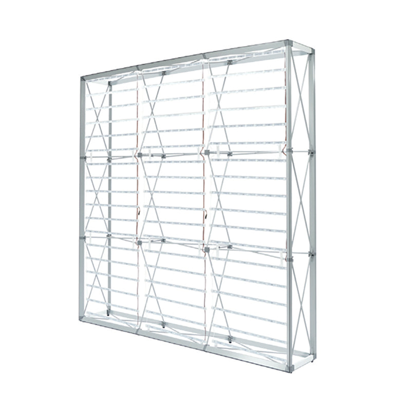 The freestanding aluminum popup frame structure and channel bars for the 7.5ft backlit SEG display before the graphic is installed.