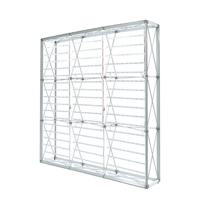 The freestanding aluminum popup frame structure and channel bars for the 7.5ft backlit SEG display before the graphic is installed.